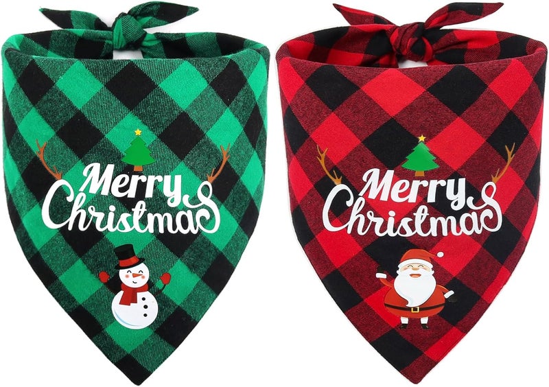 Vivifying Christmas Dog Bandanas, 2 Pack Classic Plaid Triangle Pet Scarf with Santa and Snowman Print, Holiday Pet Christmas Costume for Small Medium Large Dogs (Green&Red) - Image 1